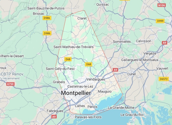 Montpellier : Carte détaillée de la ville et sa région Carte détaillée de la métropole de Montpellier et sa région, délimitée en rouge. Villes clés: Lattes, Palavas-les-Flots, Claret. Routes: A9, D68.