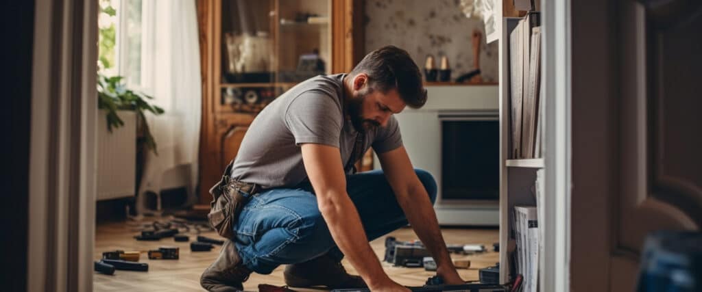 Homme barbu accroupi et concentré sur son bricolage. Il manipule des outils sur le parquet, entouré de pièces détachées.