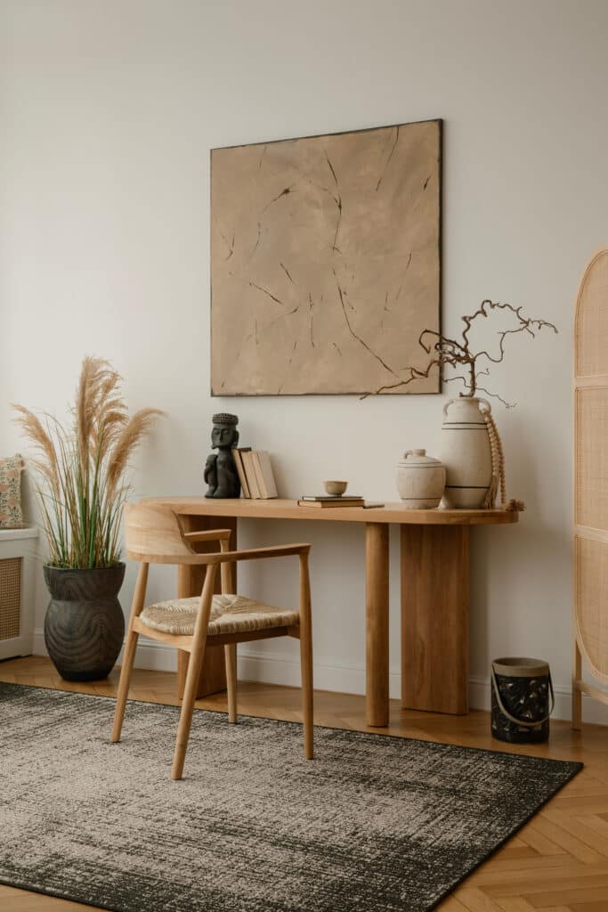 Bureau bois clair : Décoration naturelle & bohème chic Bureau en bois clair avec chaise tressée. Mur blanc, tableau abstrait beige. Décoration naturelle: pampas, vase, livres, statuette. Tapis moderne sur parquet.