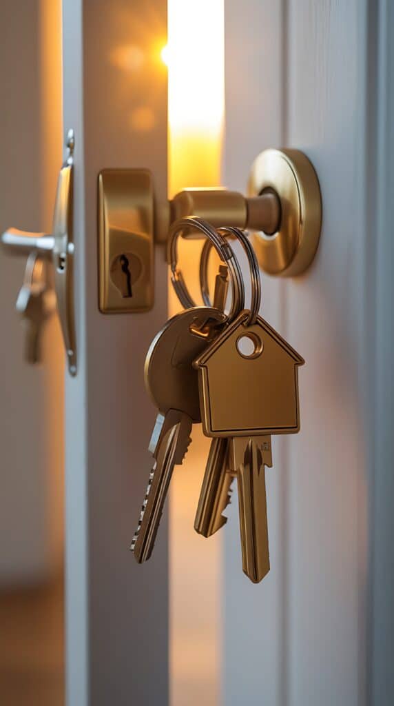 Clés de Maison Dorées : Symbole d'une Nouvelle Propriété Clés dorées, dont une en forme de maison, pendent d'une poignée de porte en laiton. Lumière chaude filtre par l'ouverture.