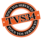 Logo orange et noir pour 'Tous Vos Services TVS34', cercle avec texte incurvé et bannière centrale. Représente une entreprise de services.