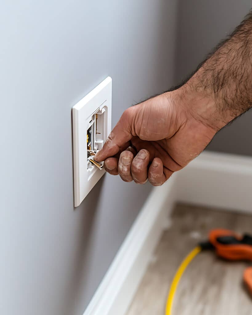 Installation câble réseau: Prise murale Keystone par expert Main sale d'un technicien installant un câble réseau dans une prise murale blanche. L'outil pousse un fil dans le keystone sur mur gris.