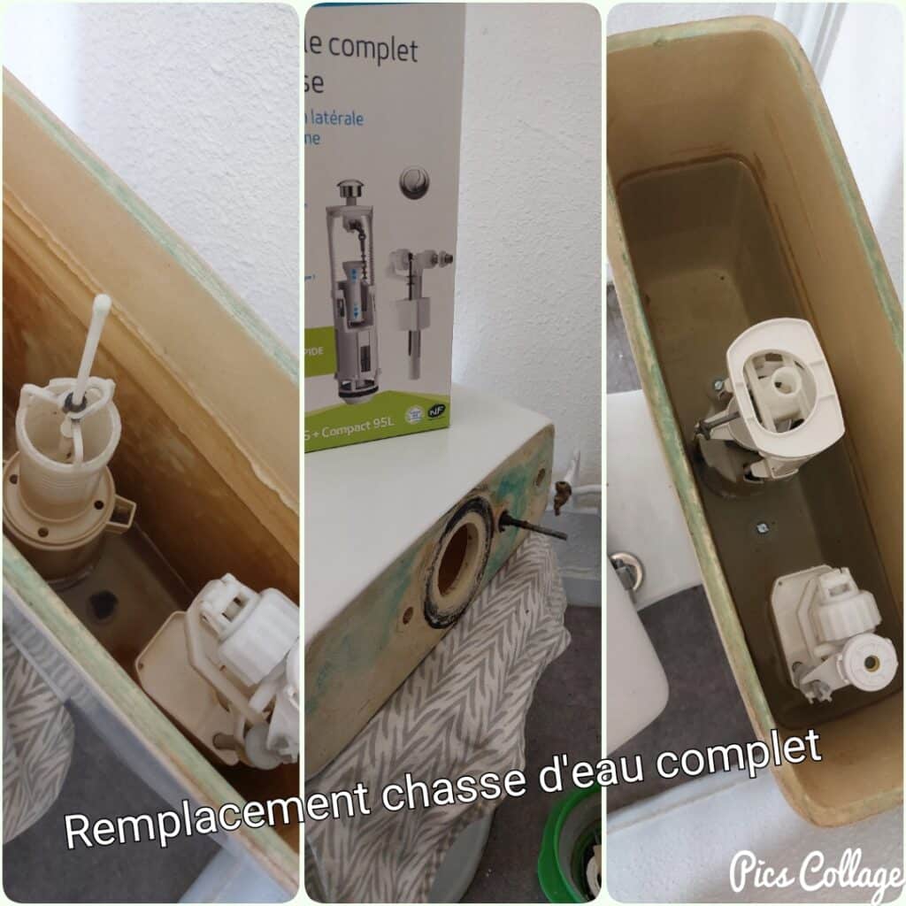 Avant/Après remplacement complet du mécanisme de chasse d'eau WC. La cuve démontée et la nouvelle boîte du système de vidage. Remplacement chasse d'eau complet.