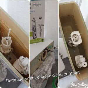 Avant/Après remplacement complet du mécanisme de chasse d'eau WC. La cuve démontée et la nouvelle boîte du système de vidage. Remplacement chasse d'eau complet.